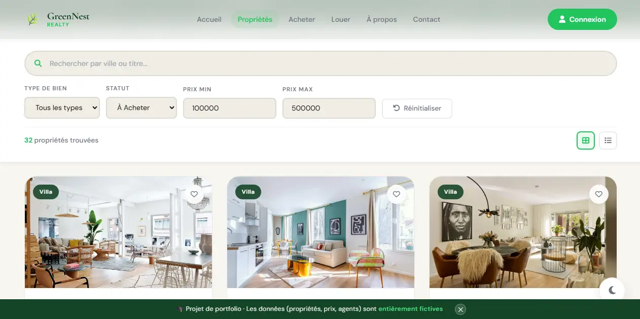 GreenNest — Liste propriétés